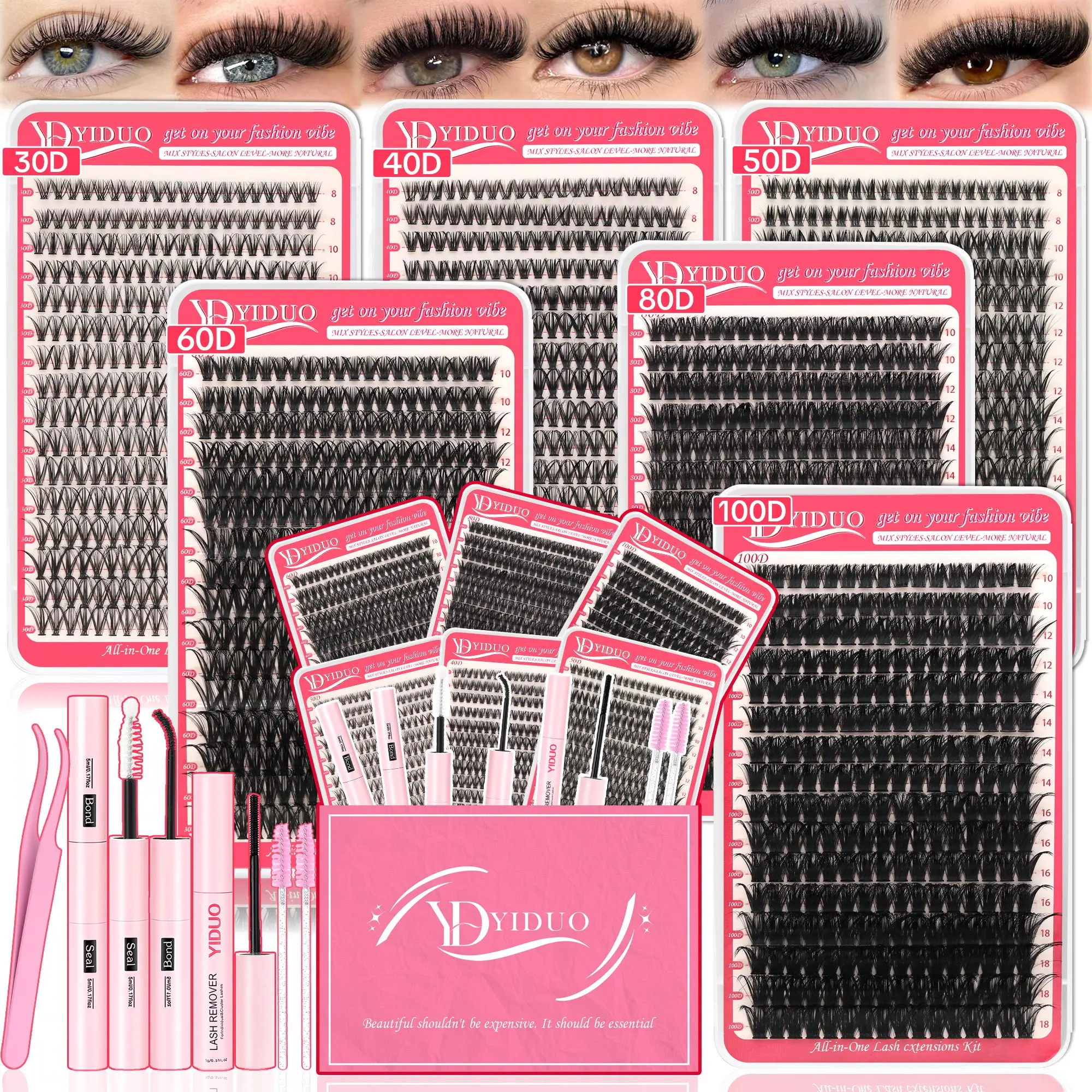 YIDUO 1856PCS DIY Lash Clusters Kit, 30D 40D 50D 60D 80D 100D, D Curl Mixed Length Eyelash Extensions 8-18mm, Volume Individual Lashes, Bond & Seal, Lash Remover, Tweezers & Brush, Soft Lightweight Cotton Band for DIY At Home Makeup, Party Looks