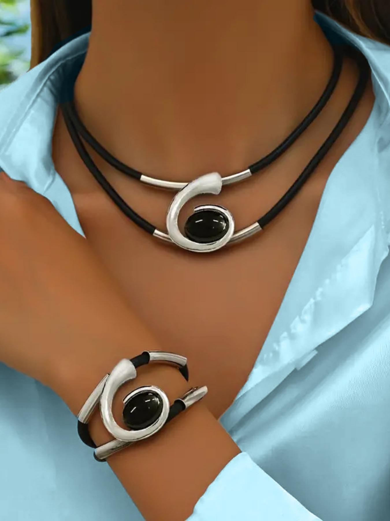 Boho Style Acrylic Gemstone Jewelry Set, Women's Necklace Bracelet Combination, Spiral Snail Design, Fashion Accessory