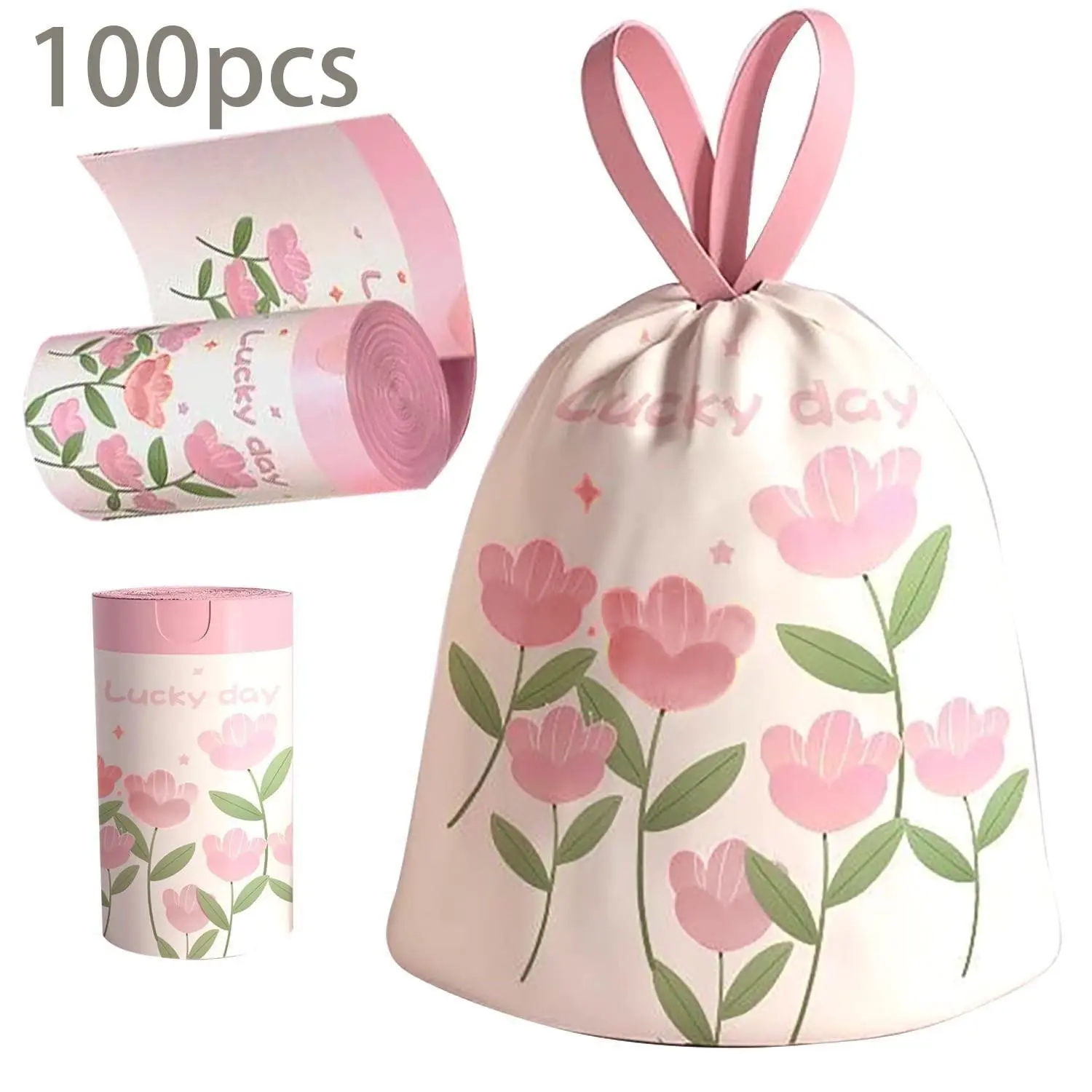 Thickened drawstring lavender fragrance garbage bag, containing 100 pieces. High-density PE disposable storage bag. Automatically sealed for easy cleaning. Suitable for various scenarios such as home, kitchen and living room.