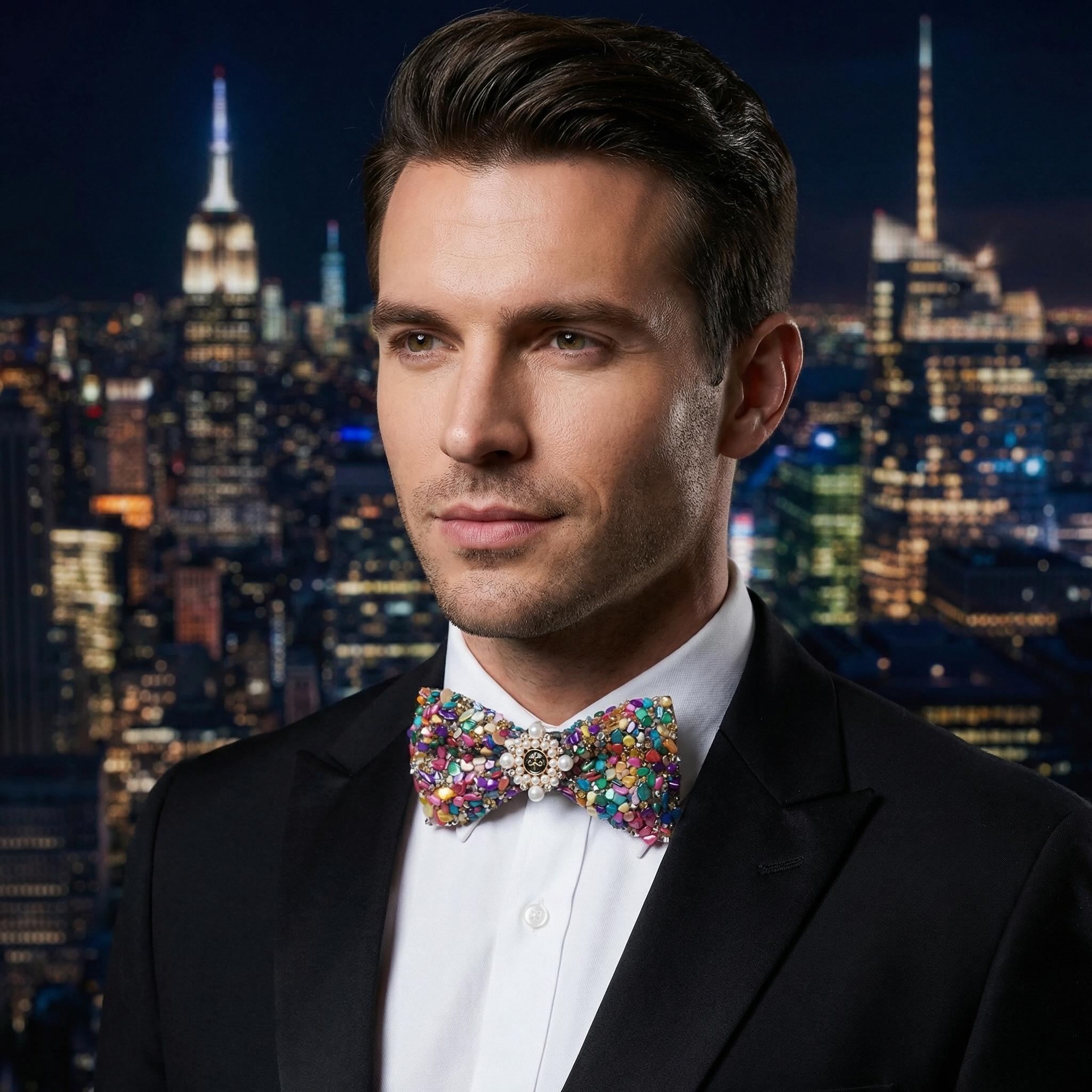 1pcs Color Stone Full Inlay Bow Tie, Luxury Pearl Decorative Neckwear, Party Performance Suit Collar Flower