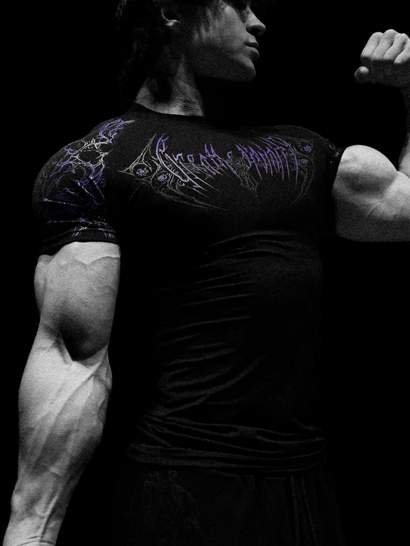 Men's Slim-Fit Short Sleeve T-Shirt, Cyber Gothic Dark Style, Elastic Quick-Dry Fitness Top, Ideal for Strength Training & Streetwear