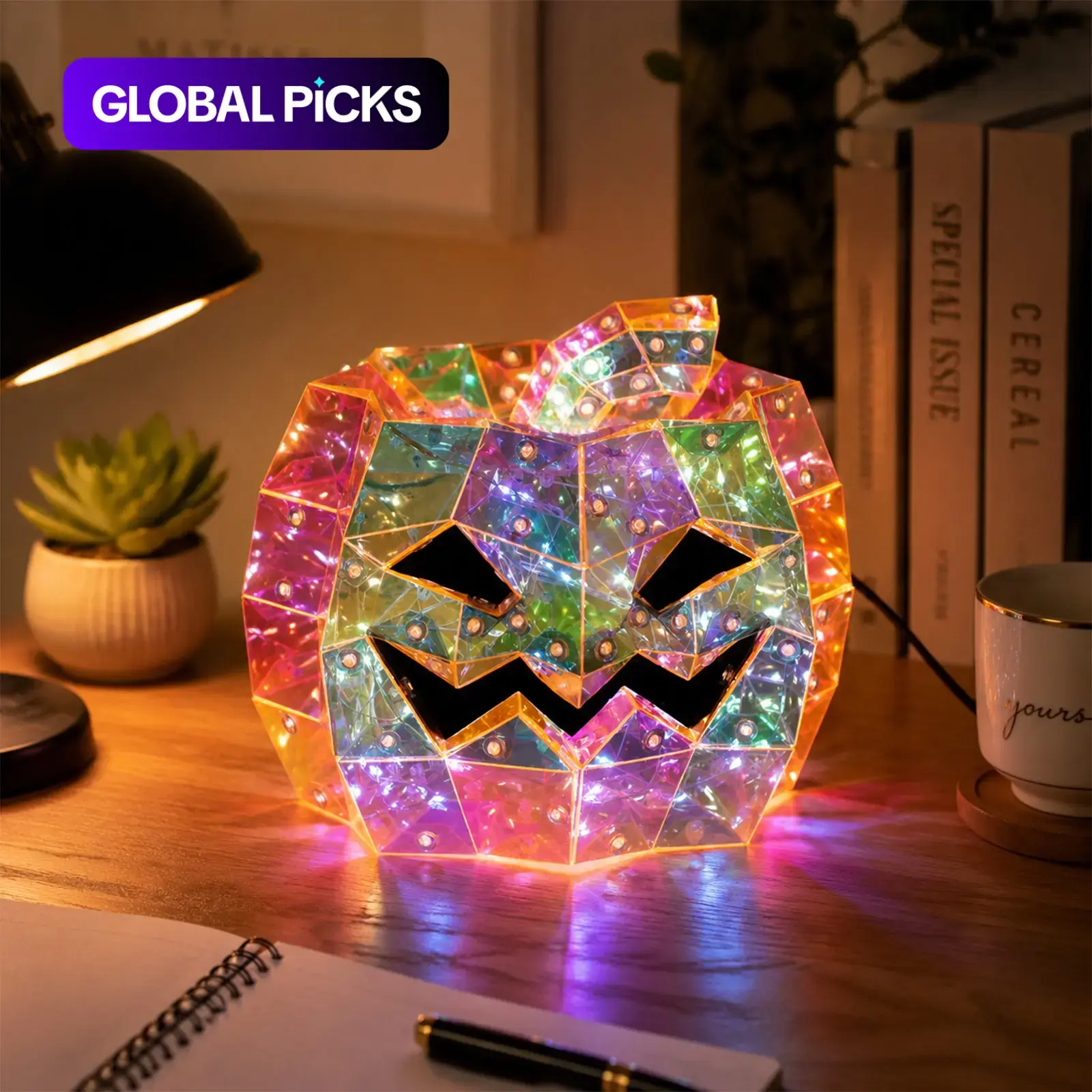 Color-changing light-up square pumpkin lantern tabletop ornament—a creative gift and atmospheric Halloween home decoration, Festive Decoration; includes a USB power cord with an on/off switch #GLOBAL PICKS