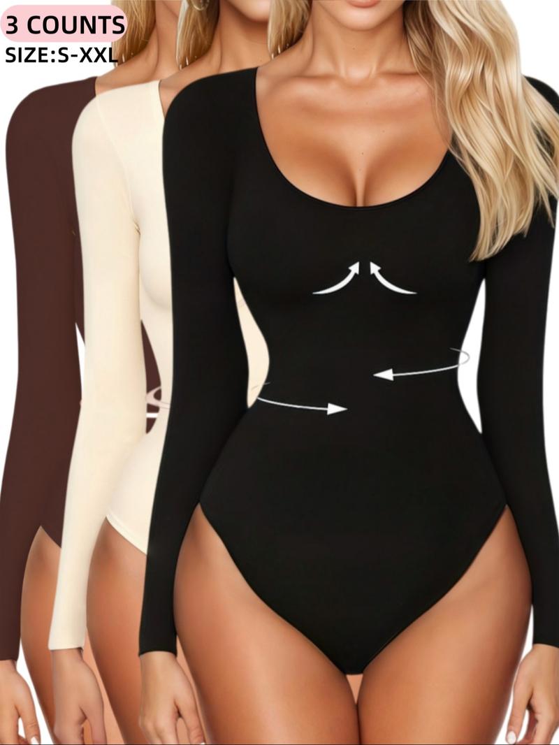 Women's Ribbed Abdomen Control Bodysuit, Long Sleeve Seamless T-Shirt, Comfortable Scoop Neck Bodysuit Stretchy Basic Tops, Fit Soft Elastic Fabric, Perfect for Daily Wear and Going Out, Shapewear for Fall&Winter