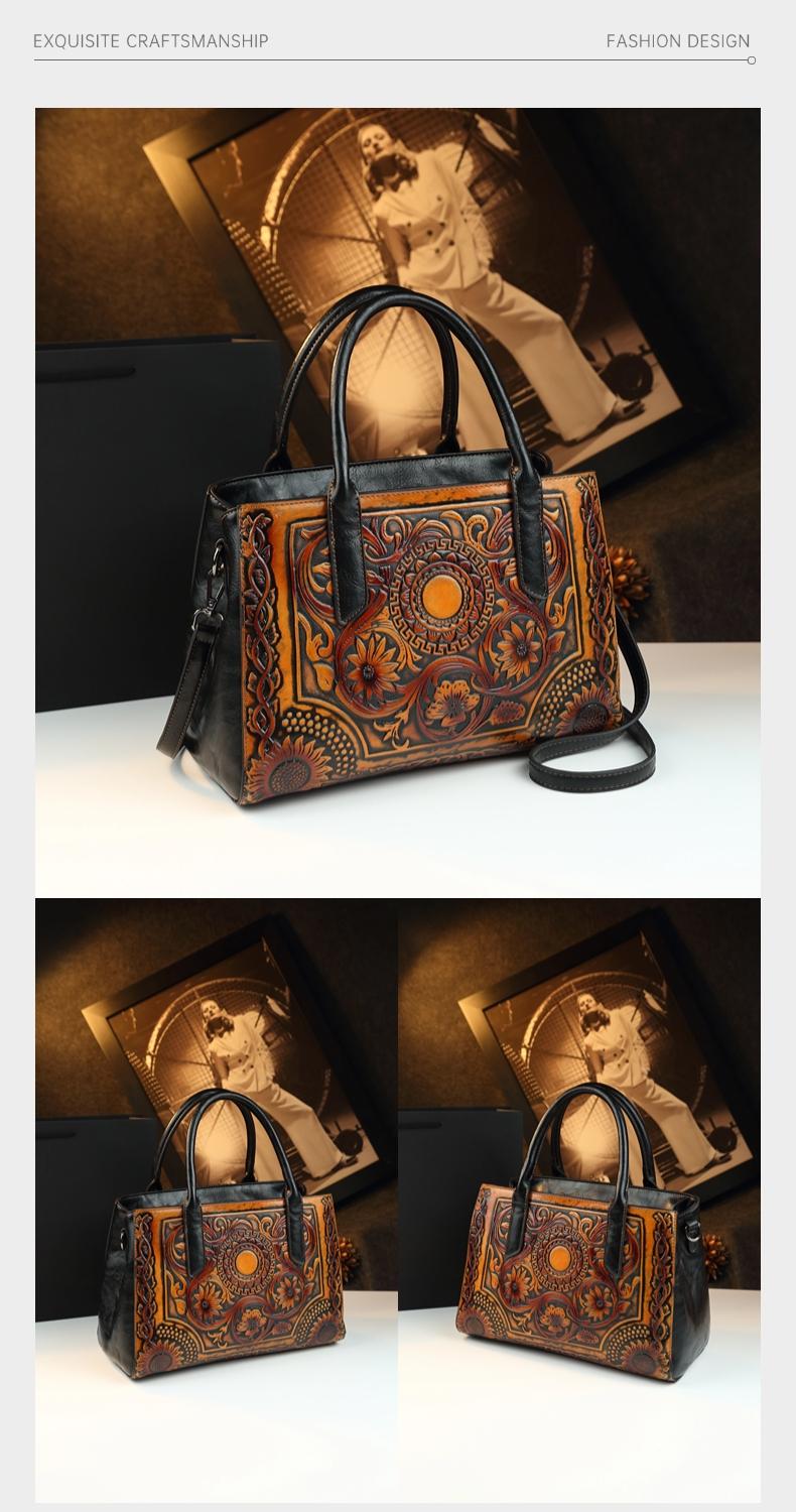 Vintage Tannery Craft Embossed Handbag, Traditional Floral Pressed Large Capacity Commuter Bag, Mom Style Shoulder Crossbody Bag