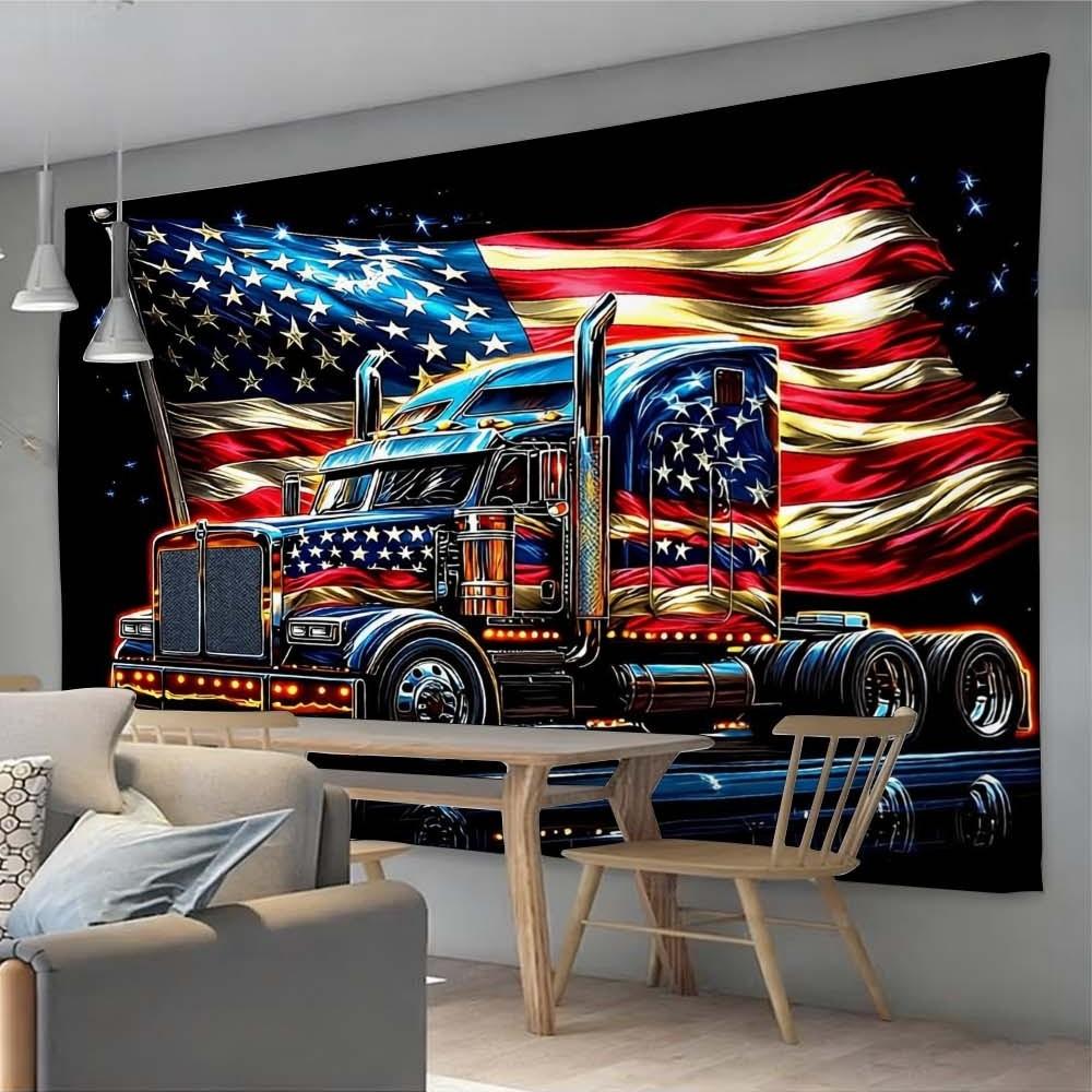 1PC Independence Day themed tapestry wall decoration for living room or bedroom featuring American flag and truck design enhances atmosphere during gatherings and celebrations suitable for creating a patriotic home ambiance perfect for daily enjoyment and