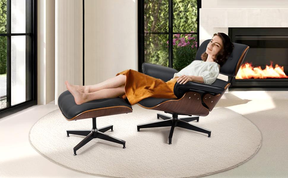 Swivel Chair with Ottoman, Top PU Modern Lounge Chair, Wide Armrest, Comfy Accent Sofa Chair for Bedroom, Living Room, Read, Nap,  Easy Assembly