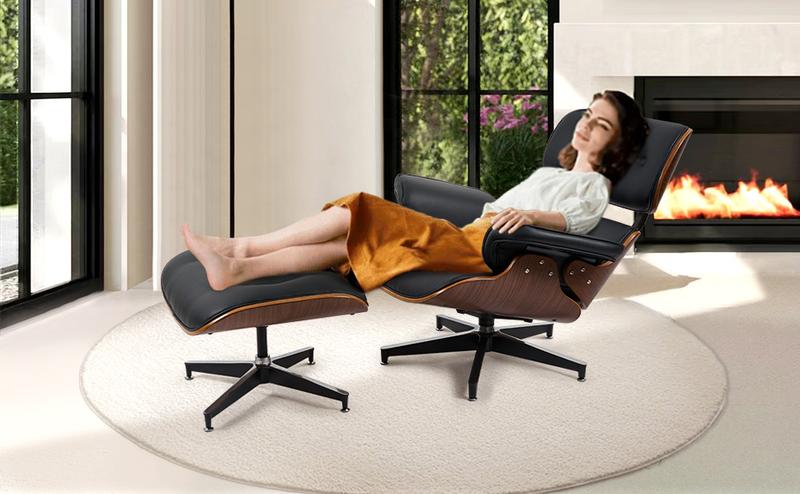 Swivel Chair with Ottoman, Top PU Modern Lounge Chair, Wide Armrest, Comfy Accent Sofa Chair for Bedroom, Living Room, Read, Nap,  Easy Assembly