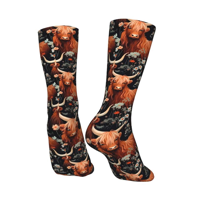 1pc Highland Cow Men'S Novelty Socks | Crew Sock with All Over Print, Elastane, Knit Fabric
