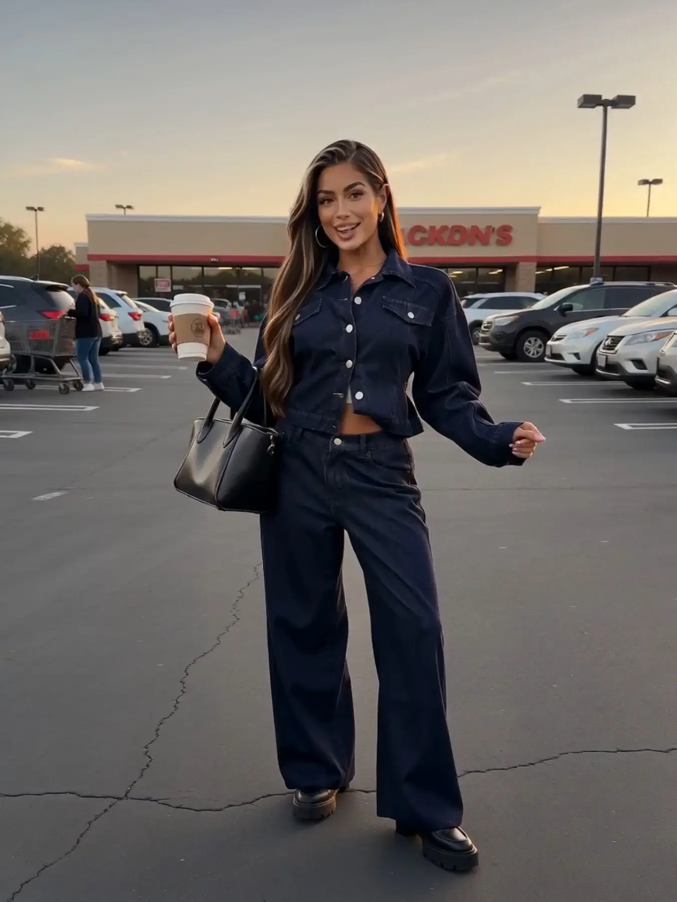 Women's Vintage Two-Piece Set, Dark Wash Short Jean Jacket and Wide Leg Pants, Casual Loose-Fit for All Seasons