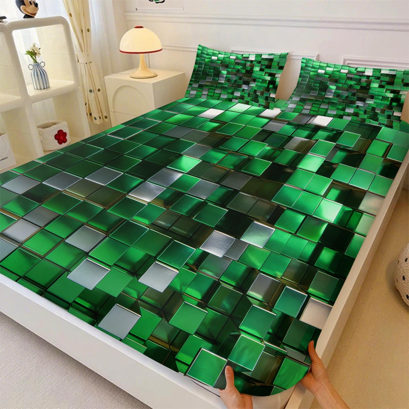 Deep Sea Neon Cube 3D Visual Fitted Sheet Set & 2 Pillowcases No Core, Blue Metallic or Glass Reflective Textures Square Matrix Blocks Design, Soft Wrinkle-Resistant, Futuristic Bedroom Decor, Gift Choice