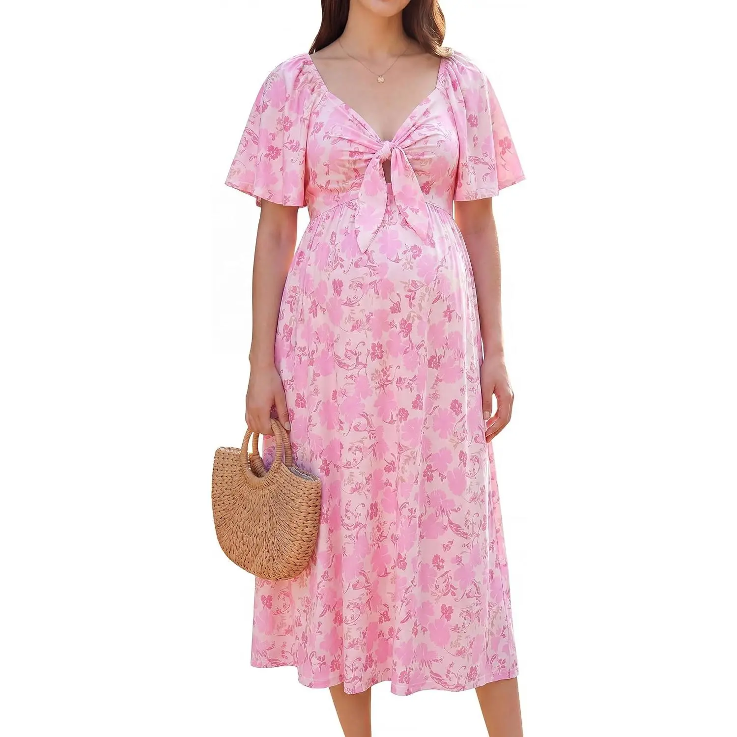 Women's V-Neck Maternity Baby Shower Midi Dress with Pockets - Cool Breathable Fabric, Bow Tie Front, Flare Sleeves, Flattering A-Line Fit, Maternity Photoshoot, Wedding Guest Wear, Baby Shower Dresses