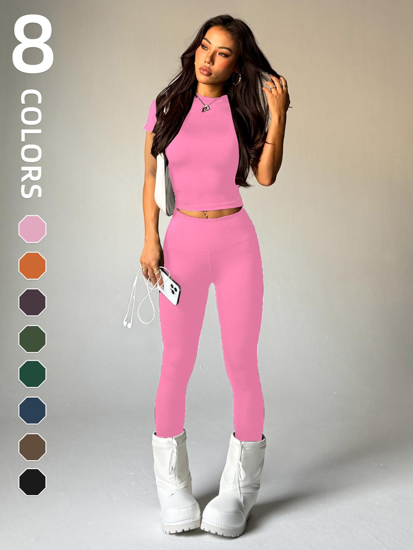 Women's Short Sleeve Round Neck Moisture Wicking Yoga Pants Set, Comfortable Fashion Daily Sports Wear, Elastic Sportswear, Workout Running Clothes