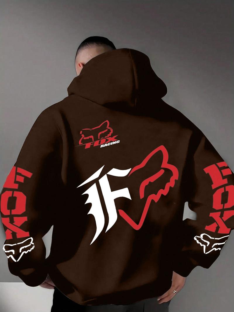 1 Piece Men‘s Fox Racing Graphic Hoodie, Bold Red and White Logo Print, Streetwear Style for Casual Daily Wear and Outdoor