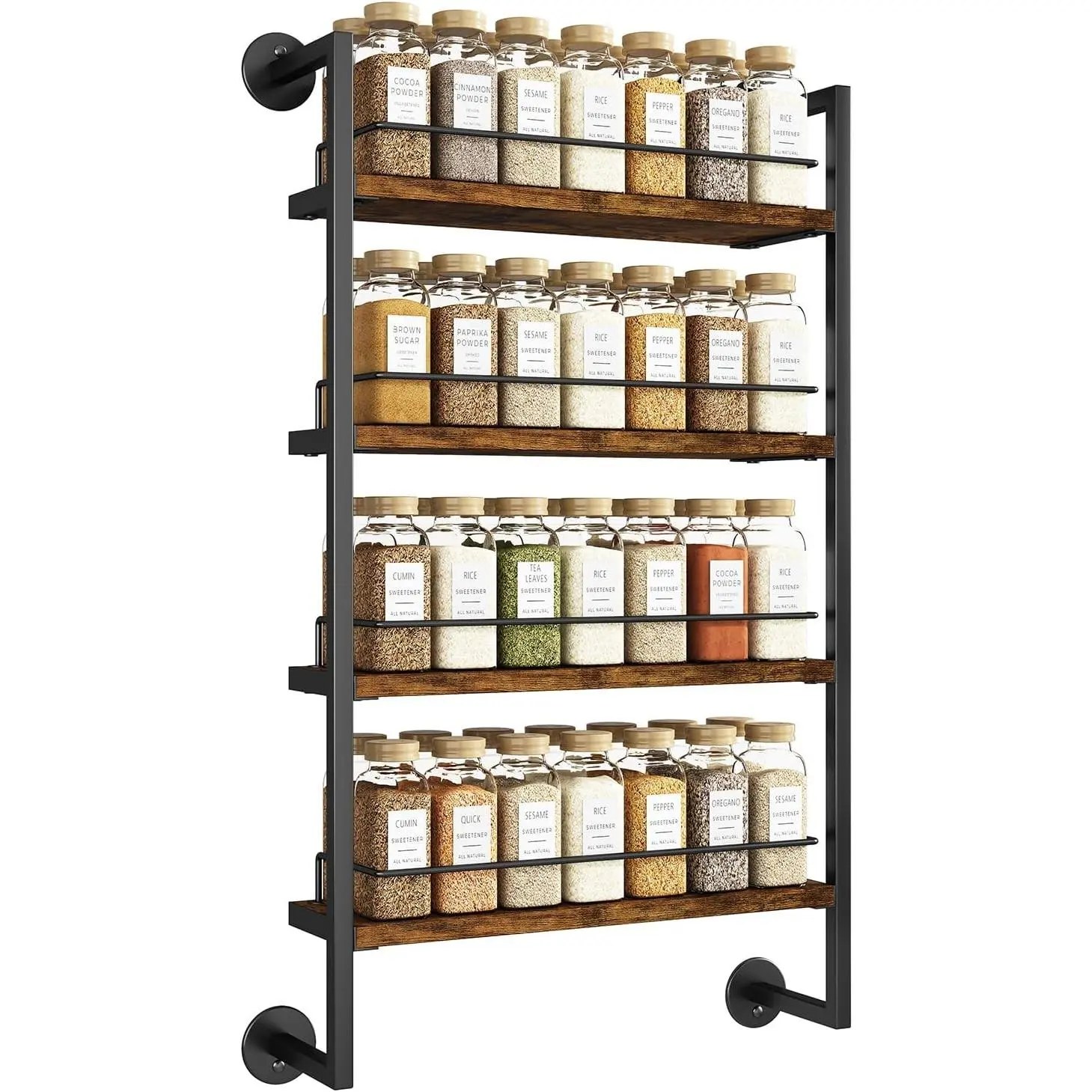 Spice Rack Wall Mount,4 Tier Hanging Seasoning Organizer,Large Spice Rack for Wall for up to 50 Jars,Spice Organization for Kitchen Cabinet,Bathroom,Pantry,Living Room,Brown TLJ016H
