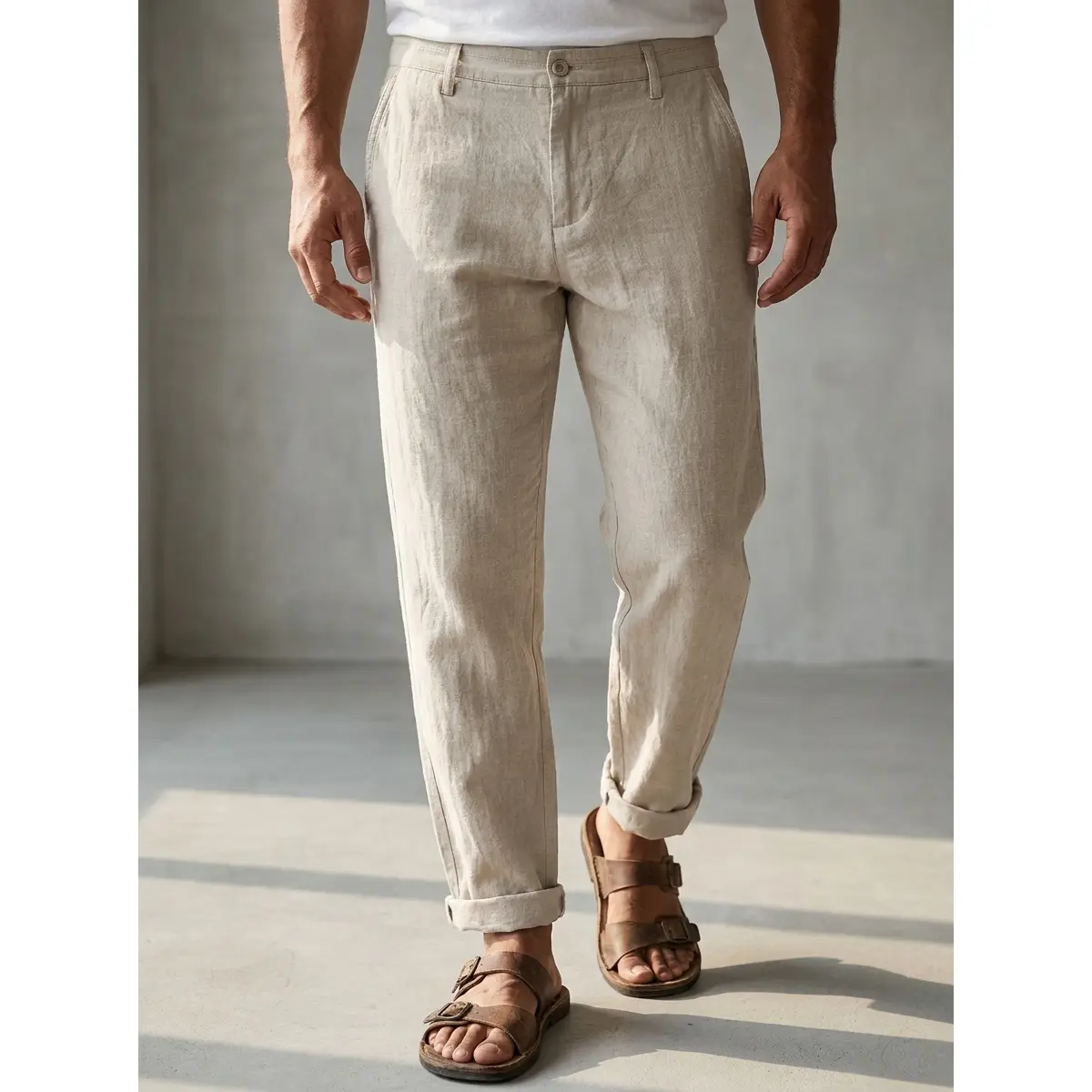 Men's Classic Fashion Casual Straight-Leg Pants Mid-Waist Comfortable Cotton-Linen Trousers with Elasticized Waistband Ideal for Daily Wear Outdoor Activities Weekend Outings Beige Plain Menswear