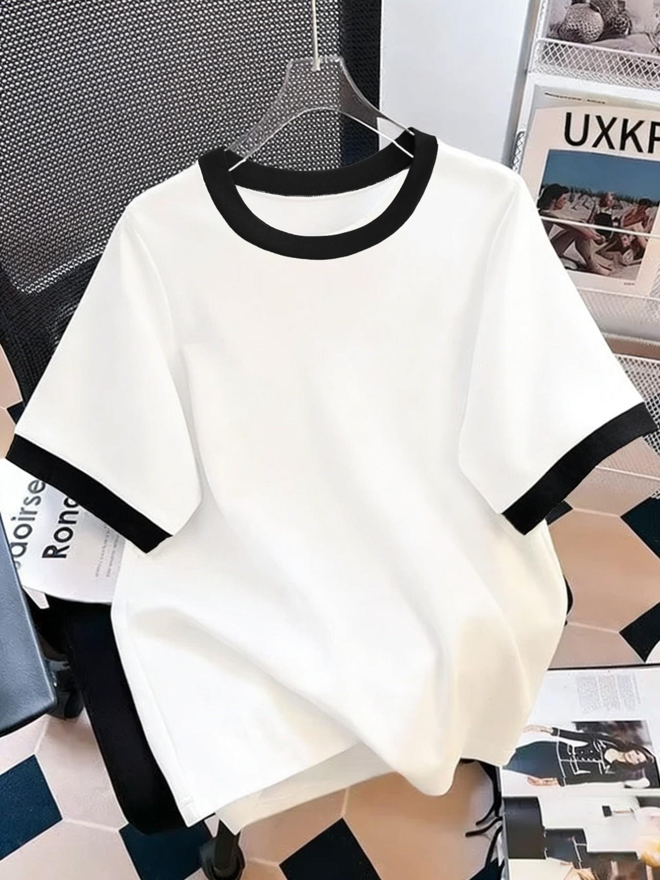 Women's Colorblock Contrast Binding Short Sleeve Top, Loose Fit Casual Baseball Style Tee for All Seasons, Daily Commute & Shopping