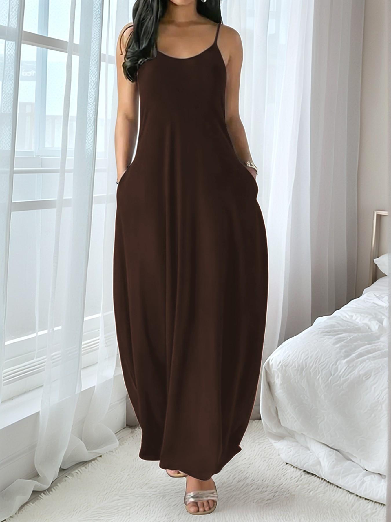 Women's Long Leopard Print Coffee Dress, Round Neck Sleeveless Pocket Sleepwear, Comfortable Casual Home Fabric All Seasons