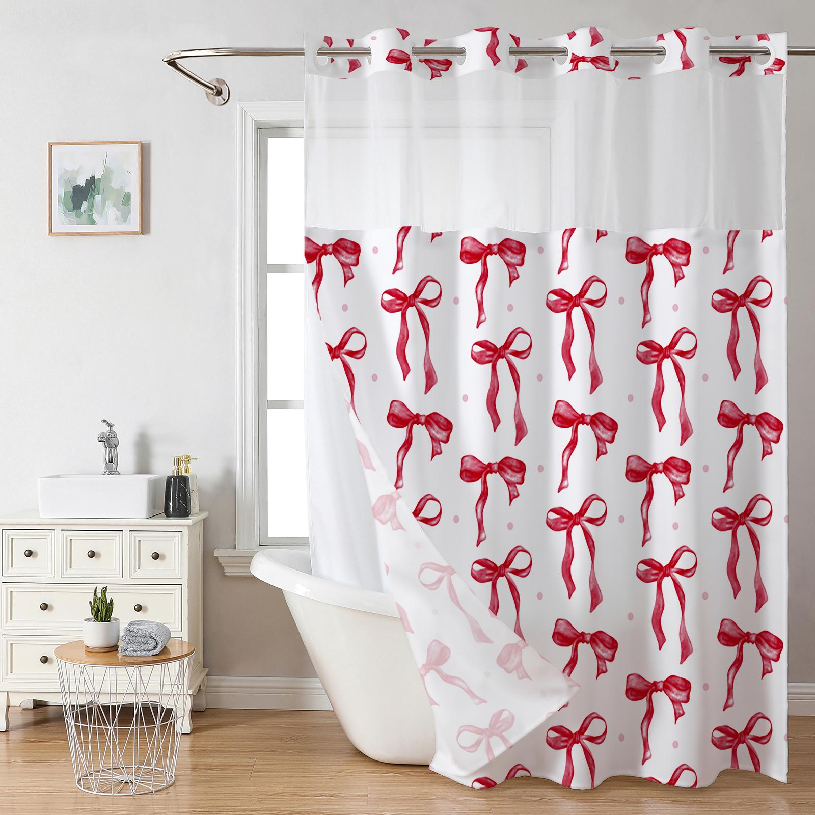 Polka Dot Bow Shower Curtain, Top Mesh Design Bathroom Curtain, Double Layers Without Hooks, Sweet Home Decoration, 72*75in