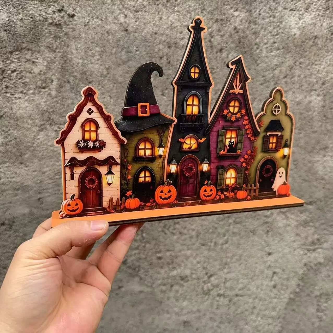 Vintage Haunted Town Wooden House Desktop Decor, Bat Ghost Pumpkin Tombstone Halloween Display, Rustic Farmhouse Fireplace Ornament, Desktop Decoration Ornament, Decorative Home Ornament