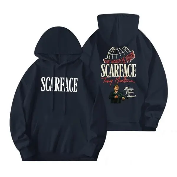 Scarface Inspired Two Sided Graphic hoodie, Iconic Tony Montana Print The World Is Yours, Retro Movie Fan Streetwear Top, Y2K Casual Crewneck Unisex Tee, Trendy Graphic Shirt Gift , Same Day Dispatch Fast Shipping