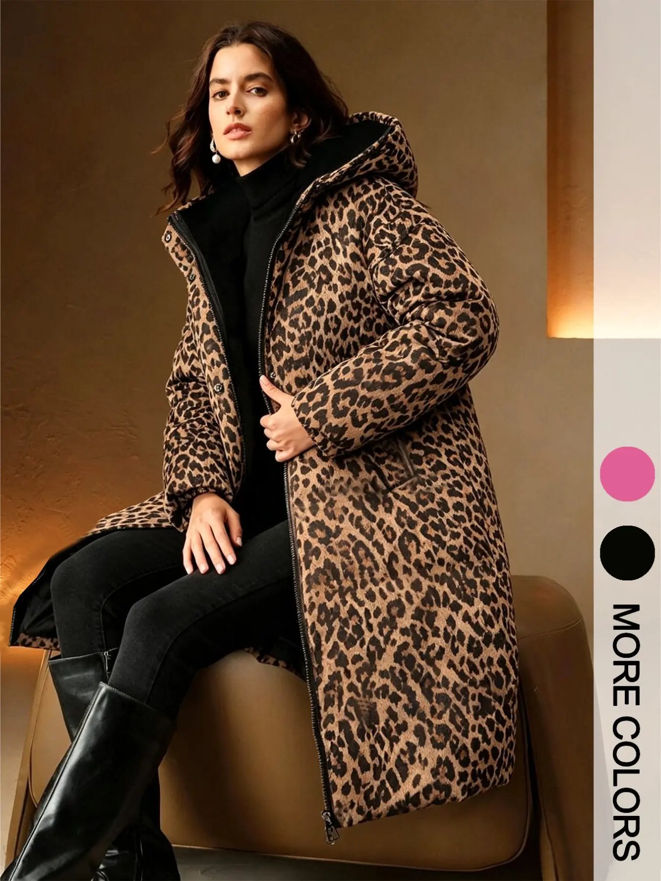 Loose Fit Leopard Print Mid-Length Hooded Jacket, European Style Women's Casual Outerwear, Winter Fleece-Lined Warm Coat