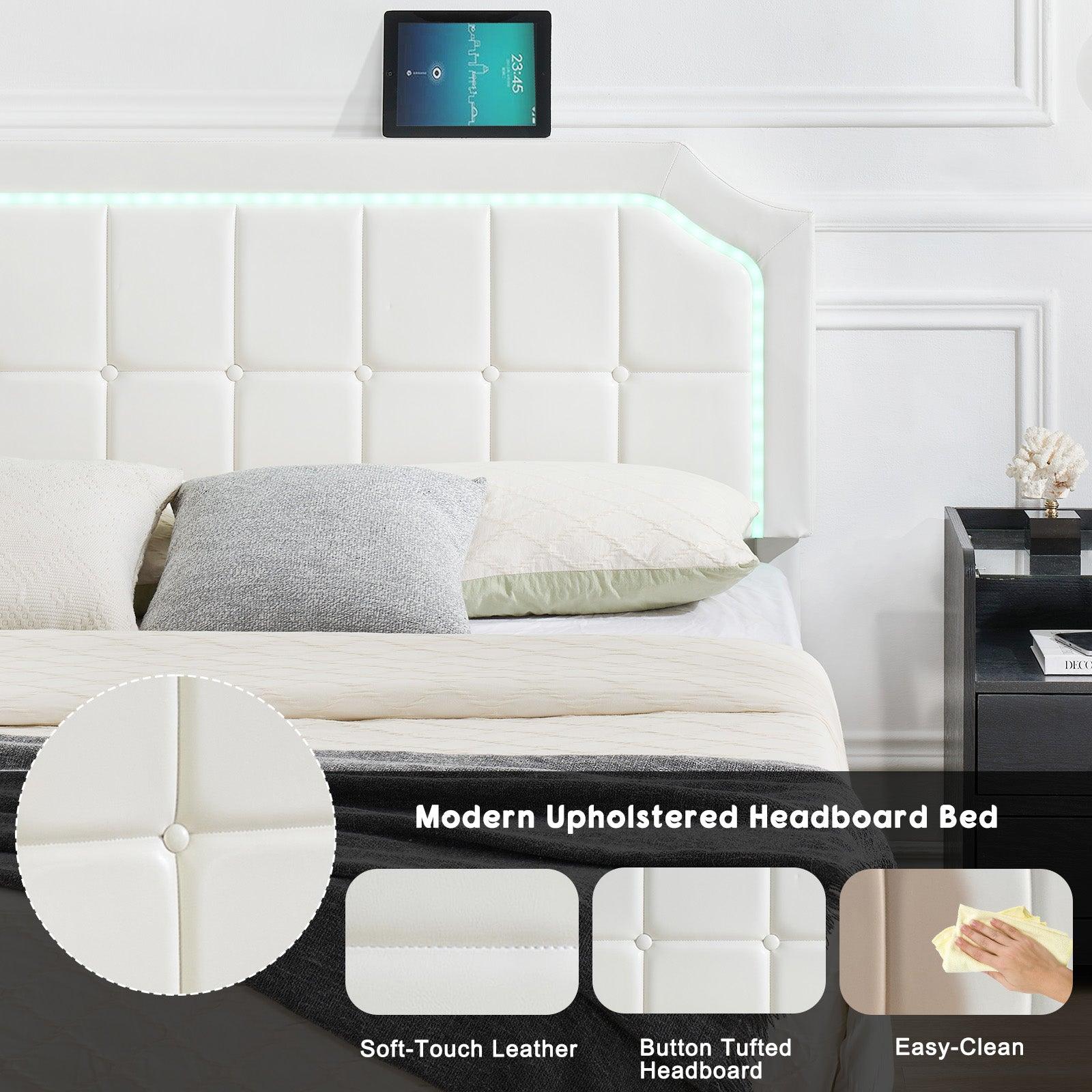 GARVEEFloating Queen Bed Frame with RGB LED Lights, Adjustable Upholstered Headboard, Metal Construction, Easy Assembly, Modern Design, White