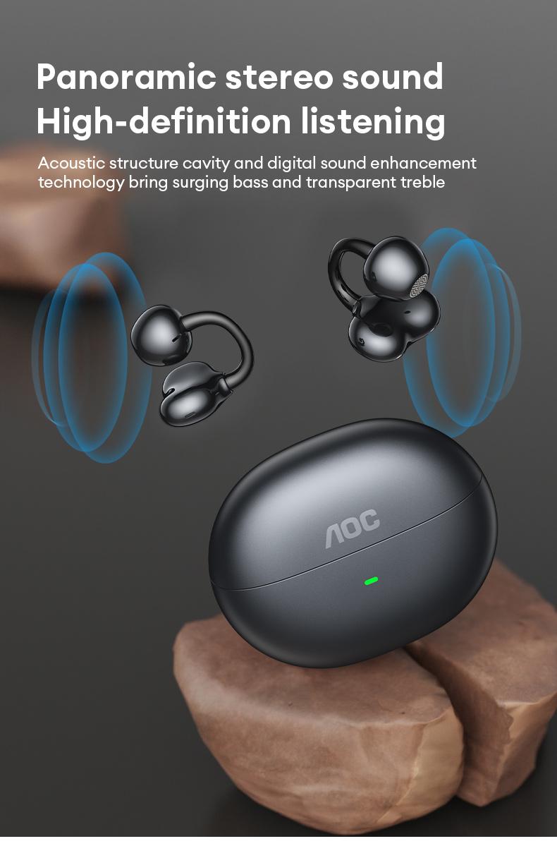 AOC ACD2544 Clip-On Wireless Headphones with 2025 Bluetooth 6.0 for Faster, Stable Connection & Low Power Use, Panoramic Stereo Sound, HD Audio, Ergonomic Design, Comfortable Fit, Life-Level Waterproof & Sweatproof