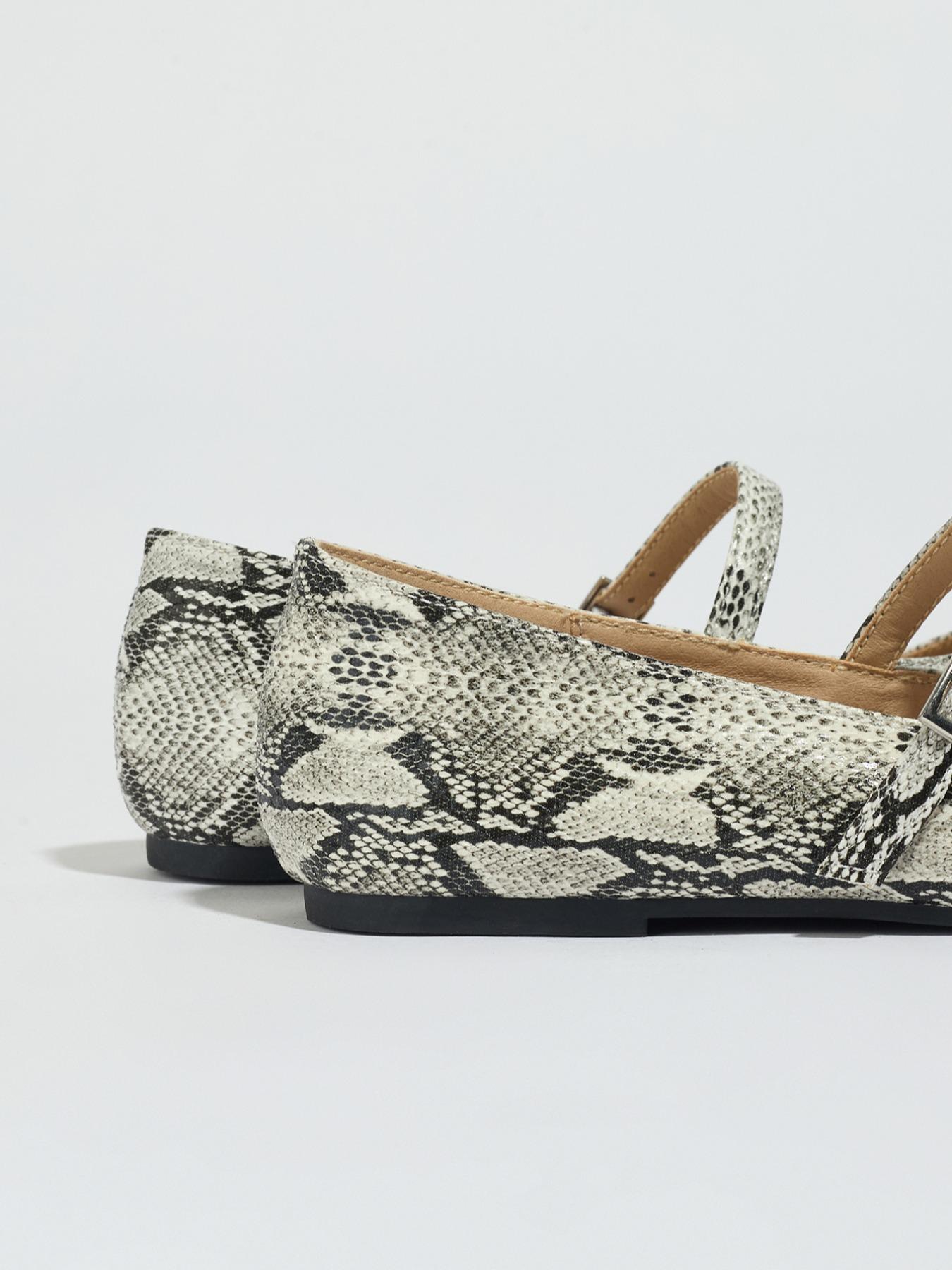 Women's Retro Snake Print Flat Mary Jane Shoes, Metal Buckle Slip-On Ballet Flats, Comfortable Low Heel Summer Shoes, Casual Flats