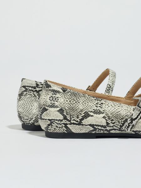 Women's Retro Snake Print Flat Mary Jane Shoes, Metal Buckle Slip-On Ballet Flats, Soft Sole Flats, Comfortable Low Heel Summer Shoes