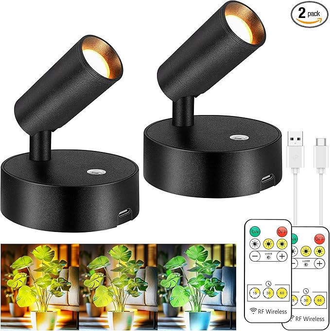 2 Pack Wireless Spot lights Indoor, Rechargeable Uplighting Indoor with Timer＆Dimmable, 3CCT Tree Lights Indoor Battery Operated, LED Spotlight Accent Up lights Indoor for Plant, Artwork, Plant -White