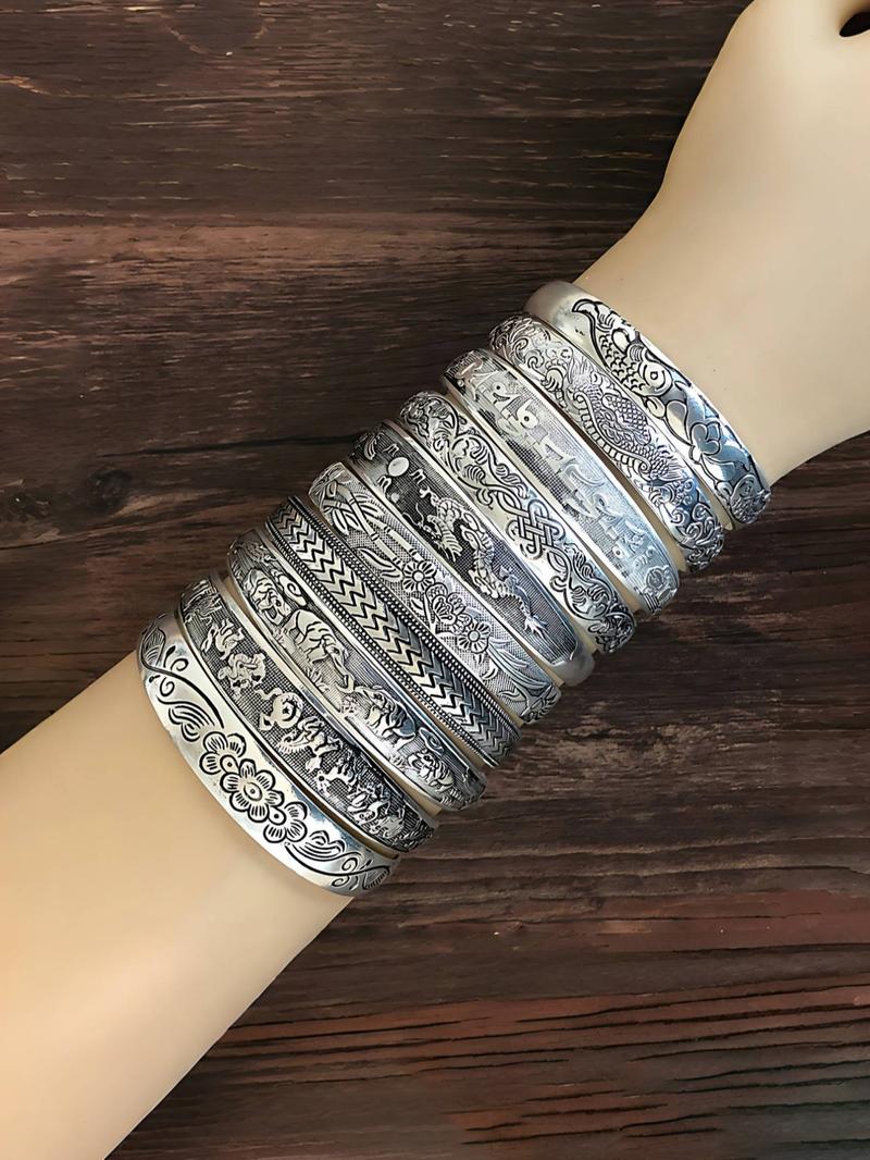 Vintage Chinese Style Cuff Bangle Bracelet, Boho Style Adjustable Engraving Bracelet for Women & Men, Fashion Accessories for Daily Wear, Bangles Bracelets