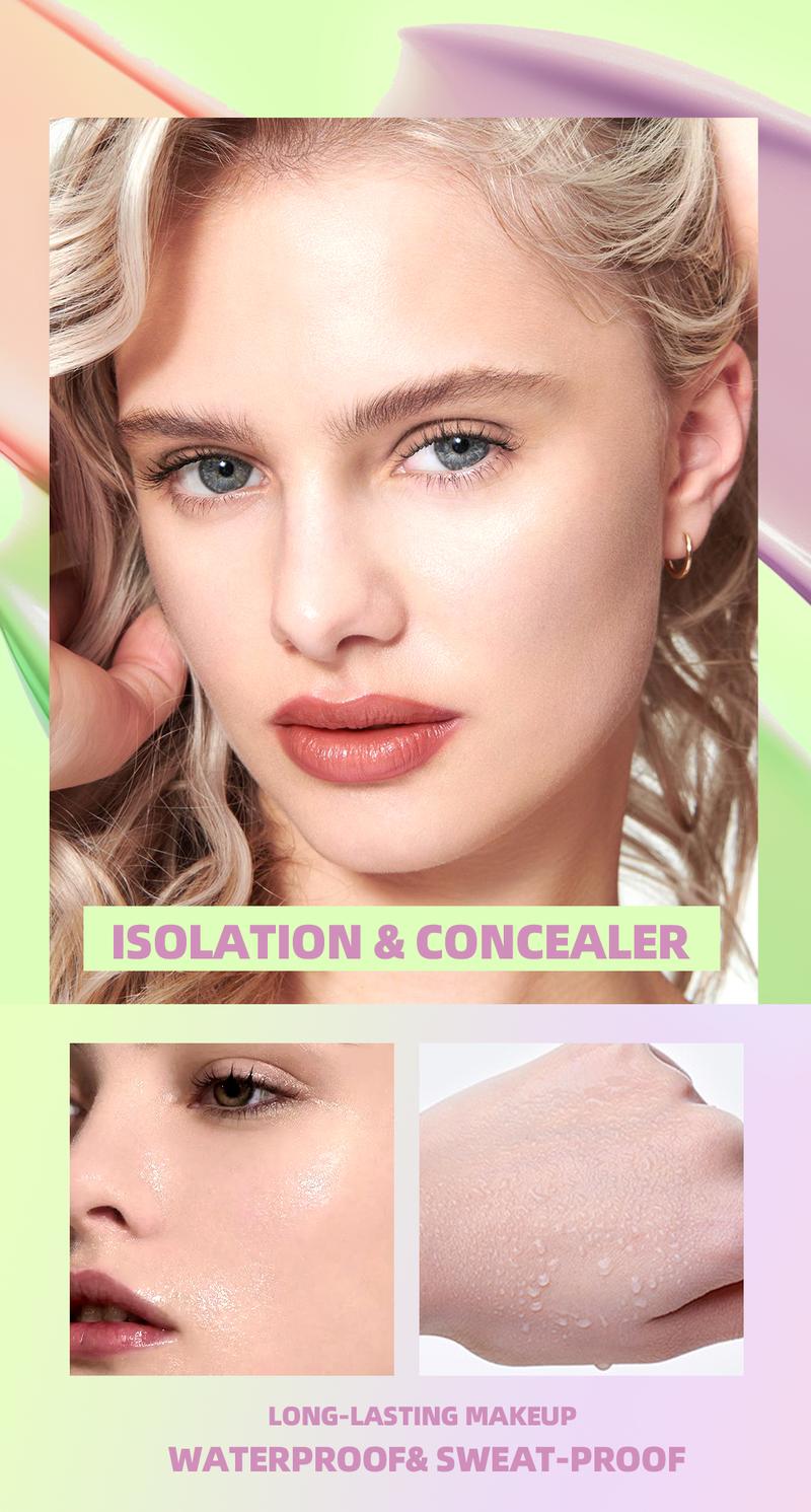 3-in-1 Color Correcting Facial Serum,Moisturizing Primer, , SPF 50 PA++ +Brightening Primer for Even Skin Tone, OilControl & Refreshing, Purple, Pink & GreenTones