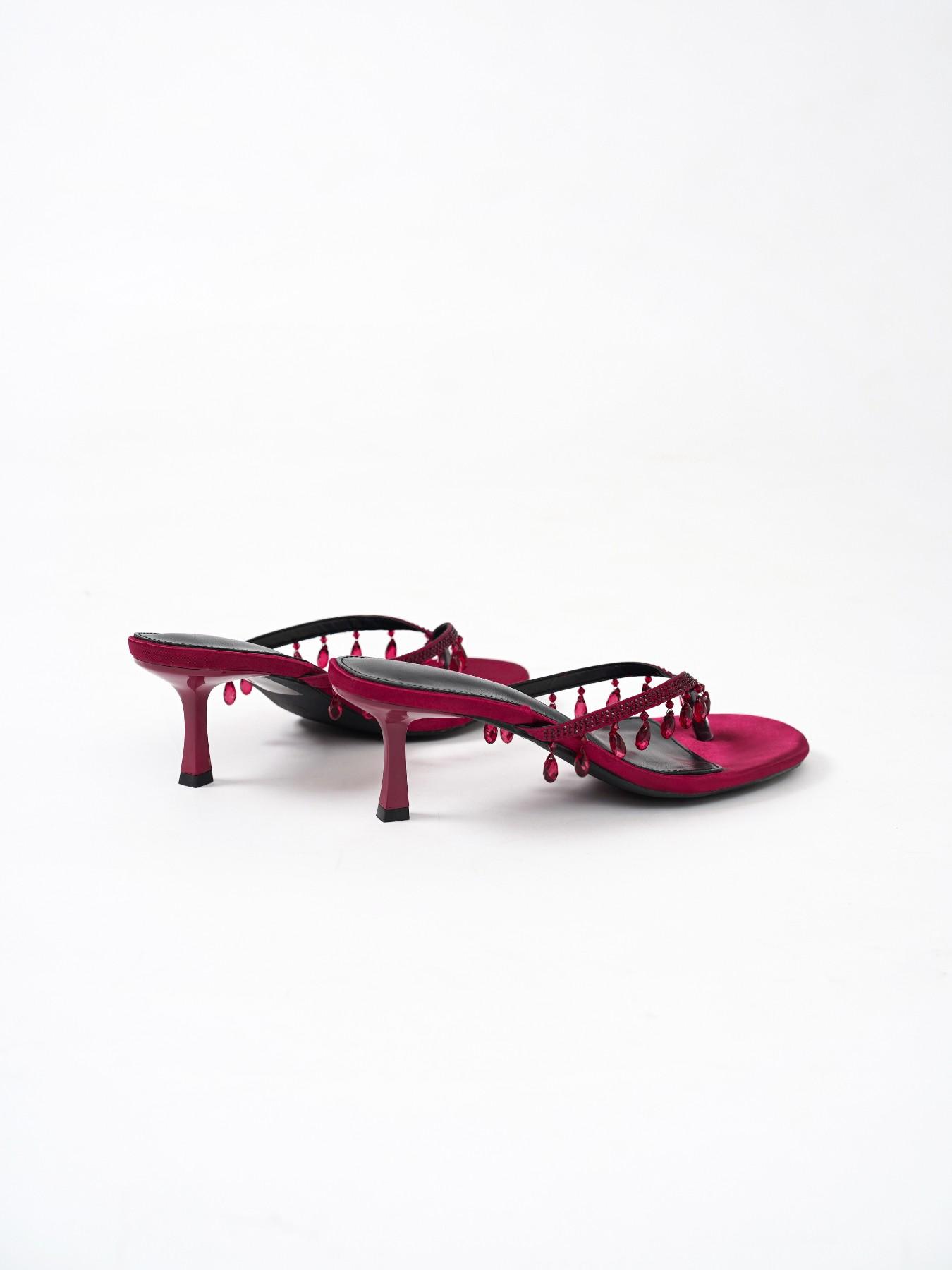 Burgundy Satin Thong High‑Heel Mules Women Water Drop Rhinestone Tassel Slip‑on Heeled Sandals Evening Party Dress Shoes