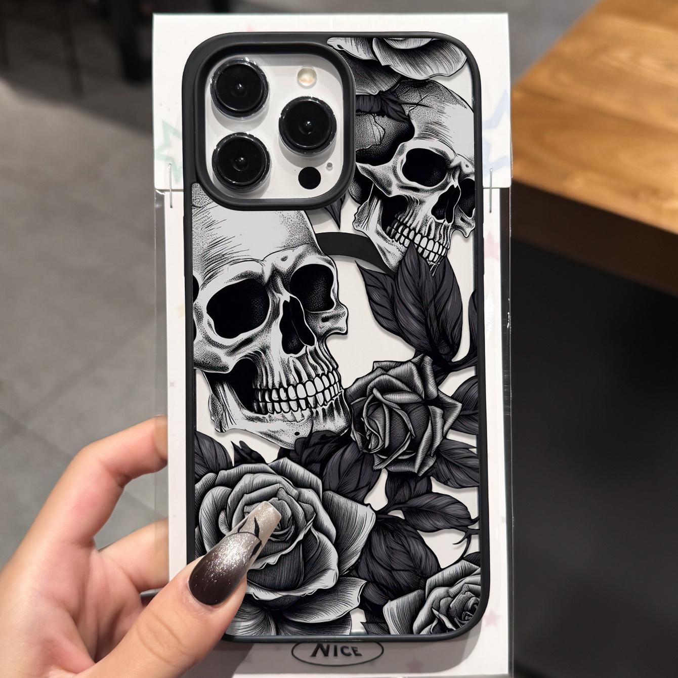 Monochrome Skull Rose Engraving Phone Case, Gothic Tattoo Art Full Coverage for iPhone 17 16 15 14 13 12 11 X Plus Pro Max, Alt Girl Gift