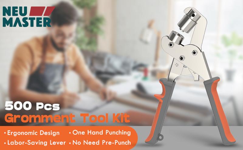 NEU MASTER Grommet Tool Kit 3/8 Inch Grommets Eyelet Plier Set with 500pcs Eyelets Handheld Eyelet Kit Hole Punch Pliers Grommet Press Kits for Fabric Tarps Leather 10mm Grommets Metal Ergonomic Handle Double Lever Mechanism Hardware