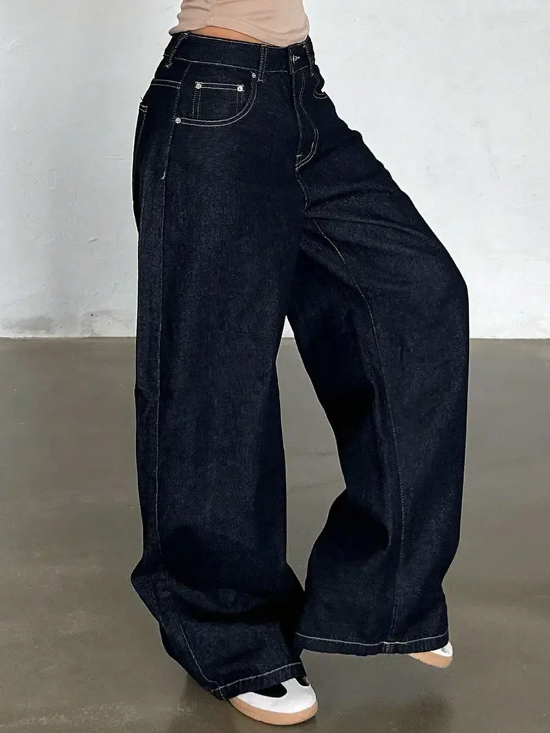 High Waist Dark Wide Leg for Women, American Street Style, Loose Fit, Long Streetwear Denim Pants with Multiple Pockets, All Seasons