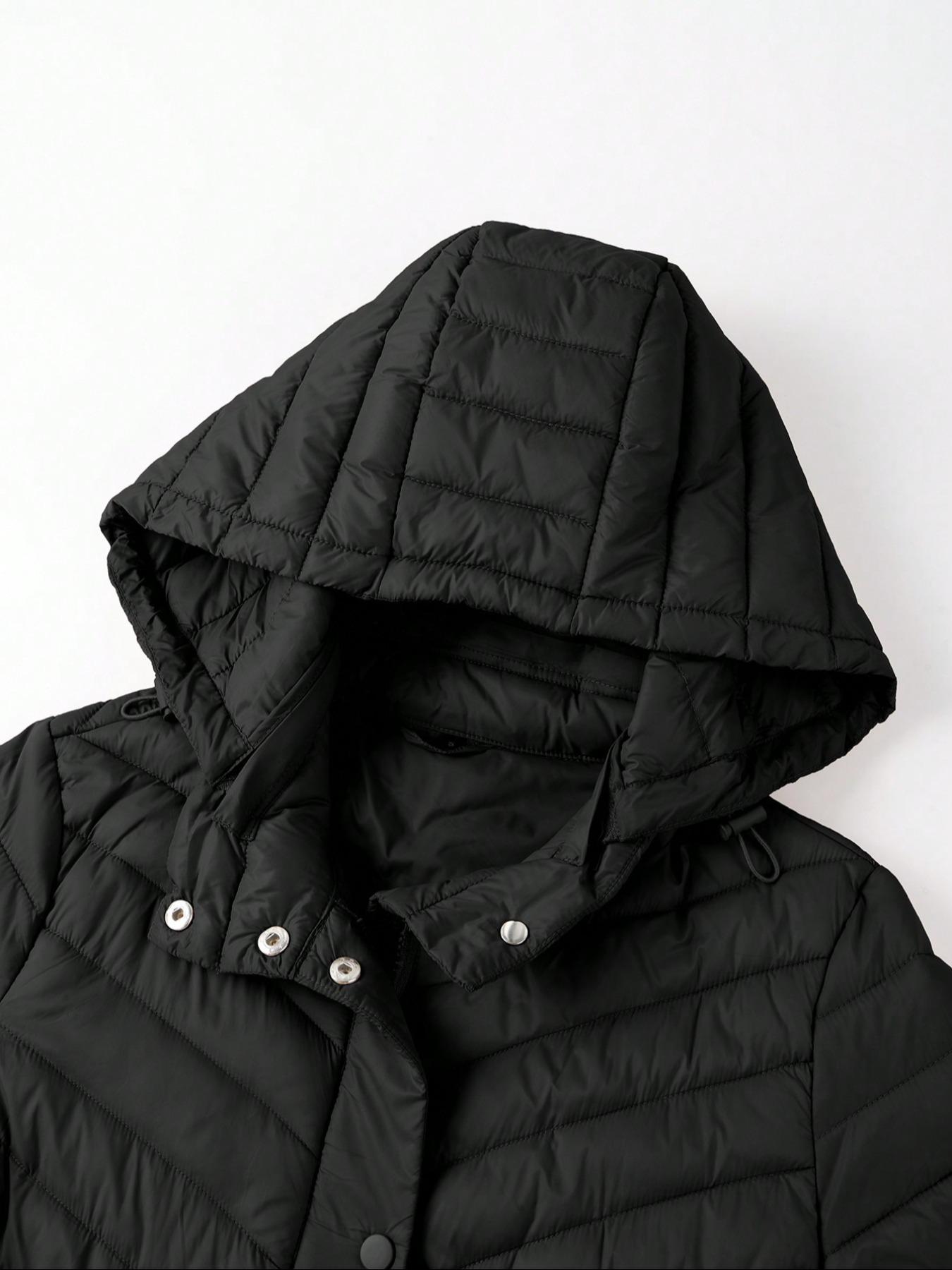 Women's Winter Mid-Length Hooded Casual Cotton Jacket, Simple Style Commuter Lightweight Outerwear for Fall & Winter, Fitted Plain Design