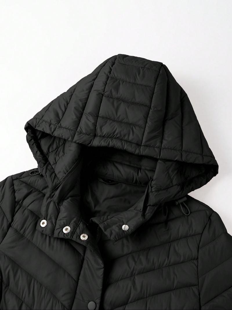 Women's Winter Mid-Length Hooded Casual Cotton Jacket, Simple Style Commuter Lightweight Outerwear for Fall & Winter, Fitted Plain Design