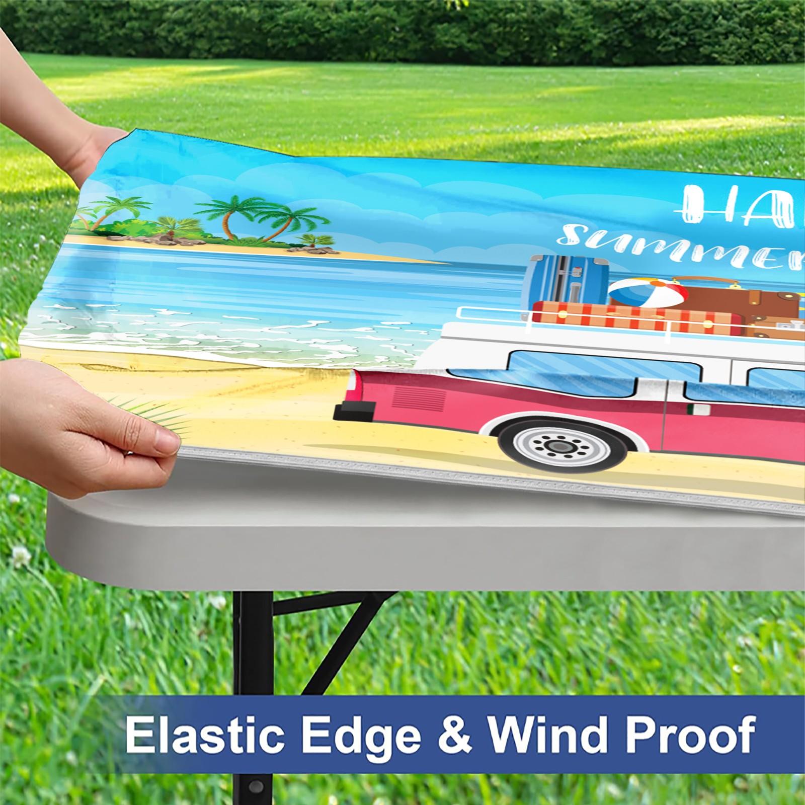3pc Party Camping Yard Tablecloth Set, Beach RV Vacation Scene, Elastic Stretch Cover, Windproof Rectangular Tablecloth, Outdoor Picnic BBQ