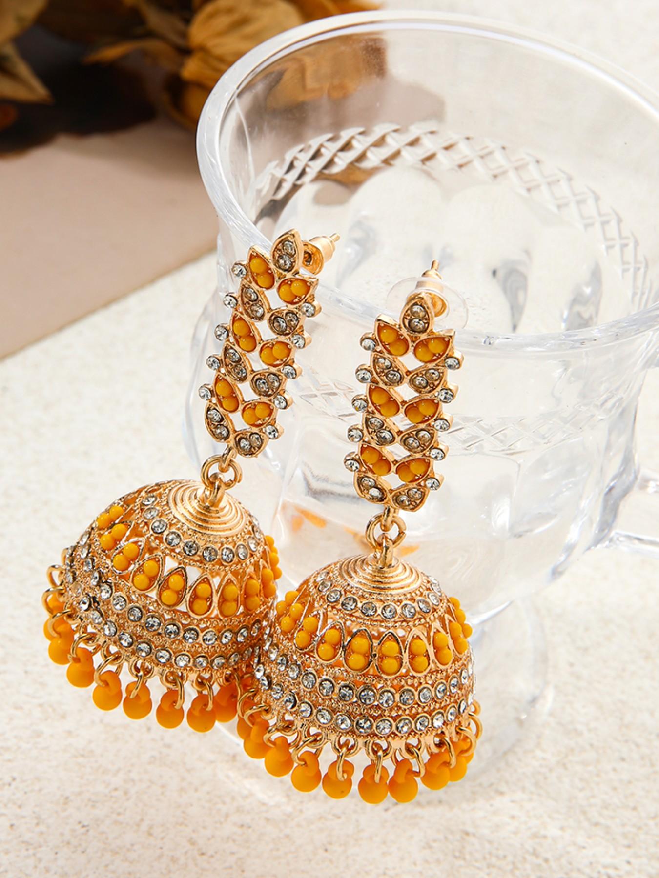 Indian Ethnic Birdcage Bell Jhumka Earrings, Heavy Rhinestone Beaded Long Fringe, Vintage Hollow Out Courtly Ear Jewelry, Bohemian Gift, Vintage Statement Earrings