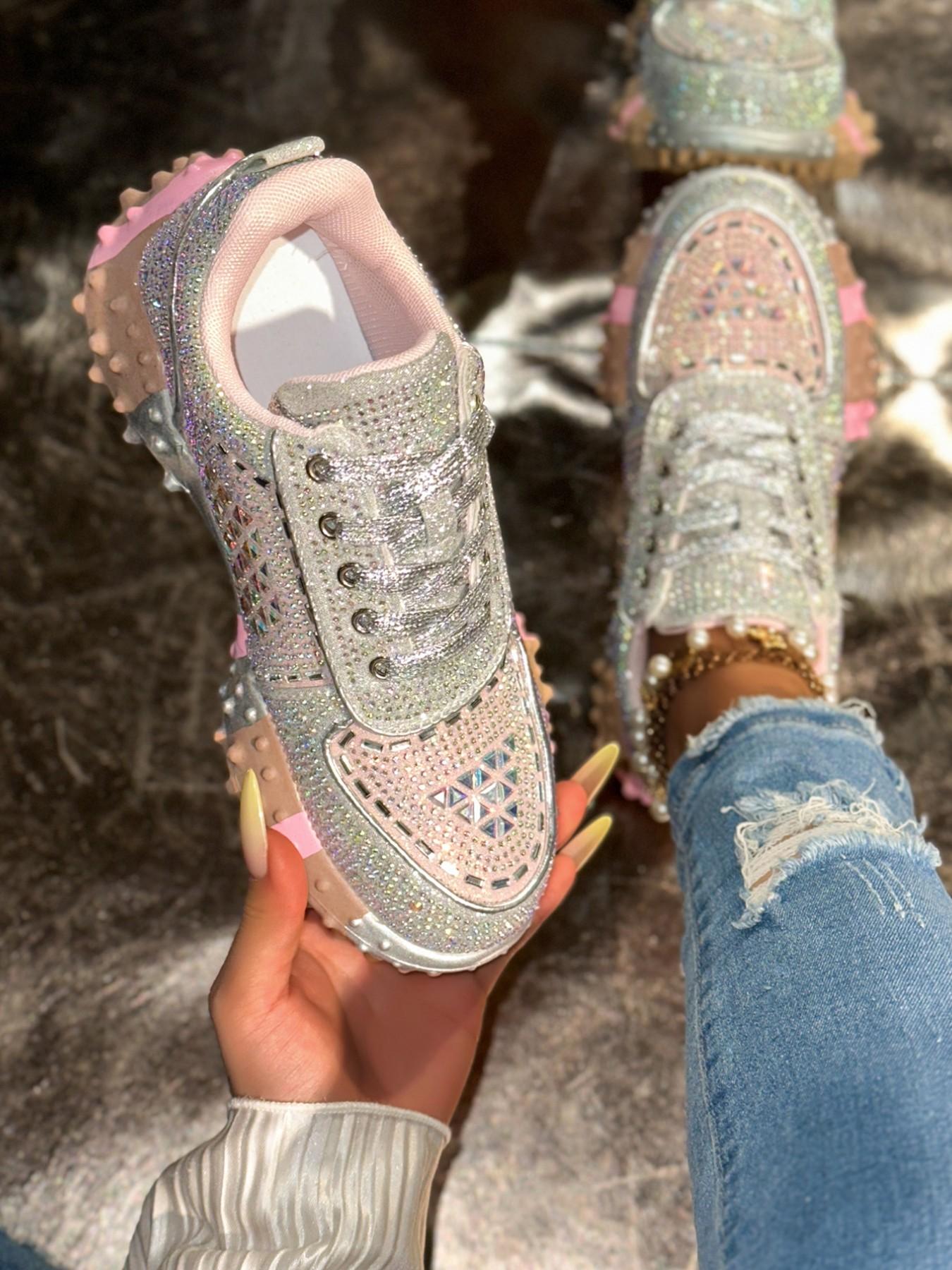 Silver Color Gradient Full Rhinestone Shoes, Diamond Cut Water Drills, 3D Flashing Pieces, Disco Reflective Effect, Thick Sole, Sweet Cool Style