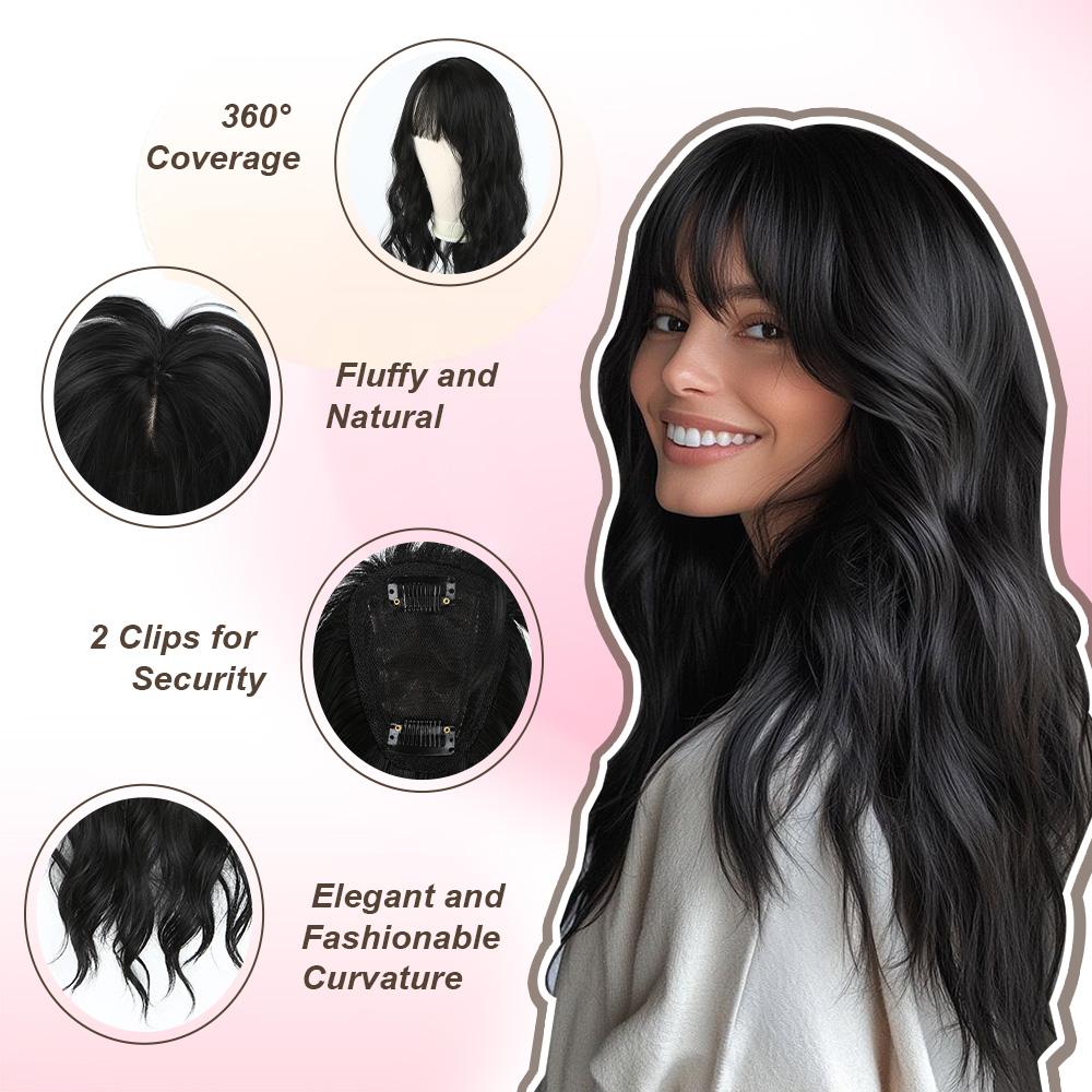 Auvzy Clip in Bangs Mini Wavy Hair Topper with Bangs 18inch Natural Looking Synthetic Clip Fringe for Thinning Hair Daily Wear Quick Styling Curly Wave