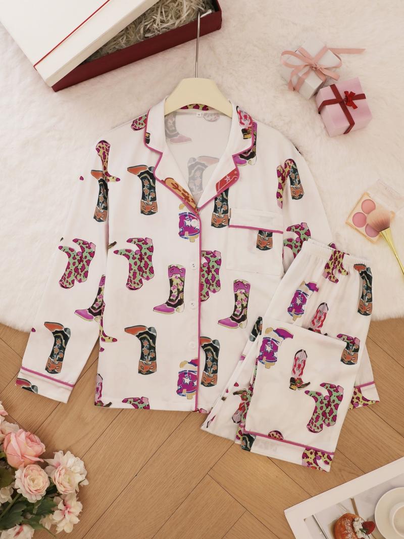 Women's Shoes Print Top & Pants Pyjama Set, Casual Comfy Long Sleeve Lapel Neck Top & Trousers Pyjama Set, Ladies Sleepwear for Spring & Fall, Casual Comfy Pajama