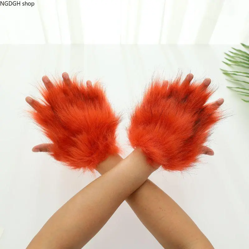 Faux Fur Animal Paw Fingerless Mittens - Cute Orange Fox Wolf Monster Design, Fluffy Wrist Warmers, Cute Accessories for Halloween Cosplay, Teen Girl Novelty Gag Gift (Sports & Outdoor Clothing)
