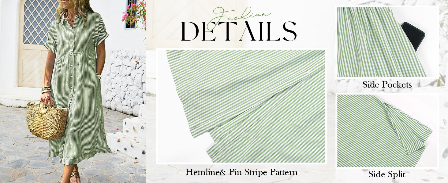 Chouyatou Women's Loose Midi Striped Shirt Dress Bohemian Side Slit Dress with Pockets SpringStatements