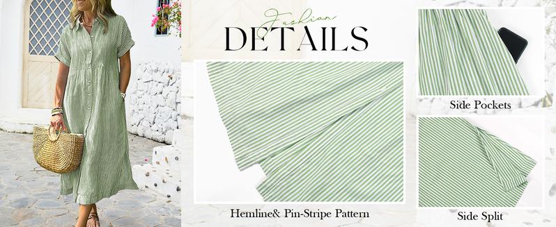 Chouyatou Women's Loose Midi Striped Shirt Dress Bohemian Side Slit Dress with Pockets