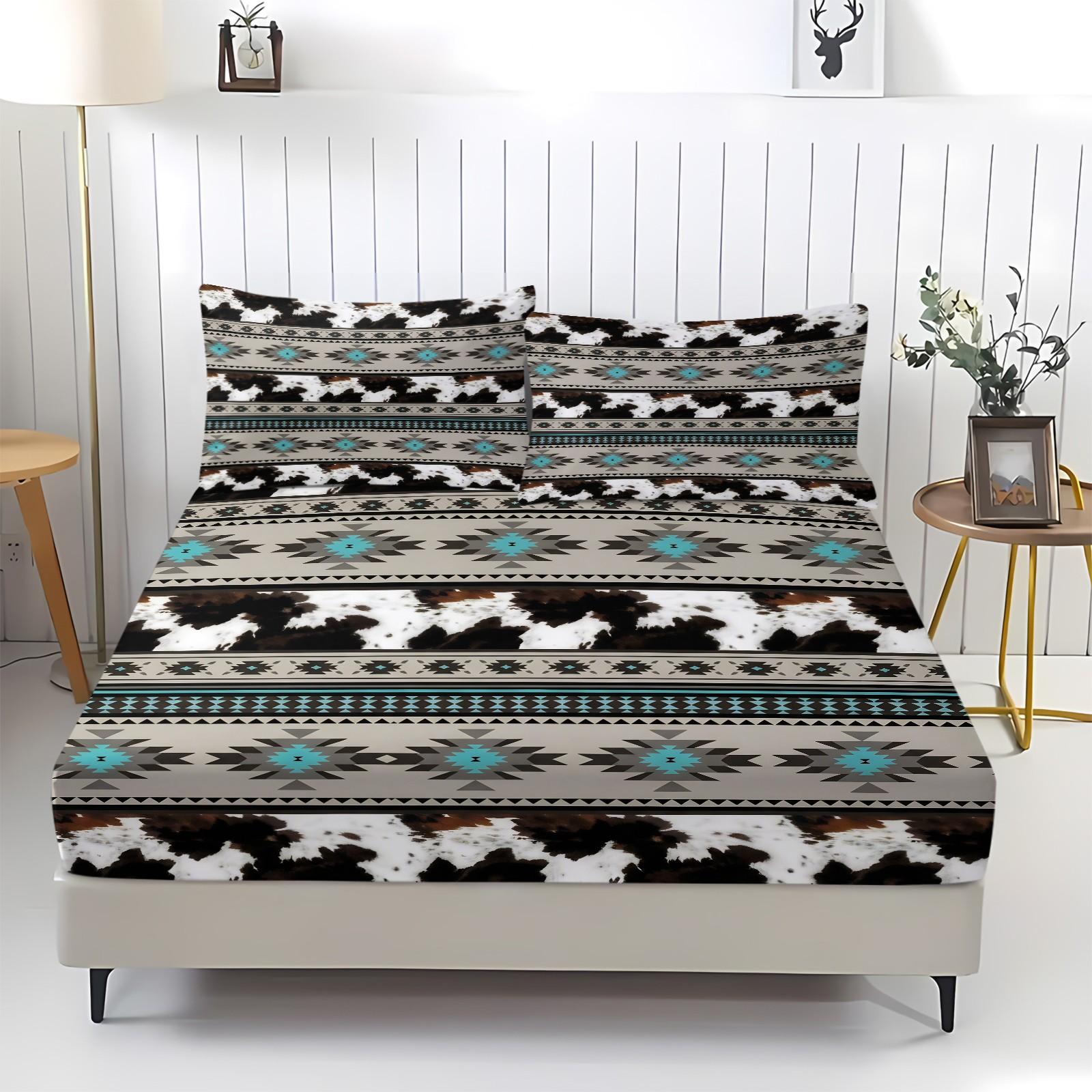 3Pcs Western Aztec Cow Print Fitted Sheet Set with 2 Pillowcases, Southwestern Turquoise Geometric Deep Pocket Elastic Mattress Cover, Boho Cowhide Tribal Bedding, Soft Microfiber Non-slip Bedspread, Printed Bedding Set for Bedroom Decor Bedset