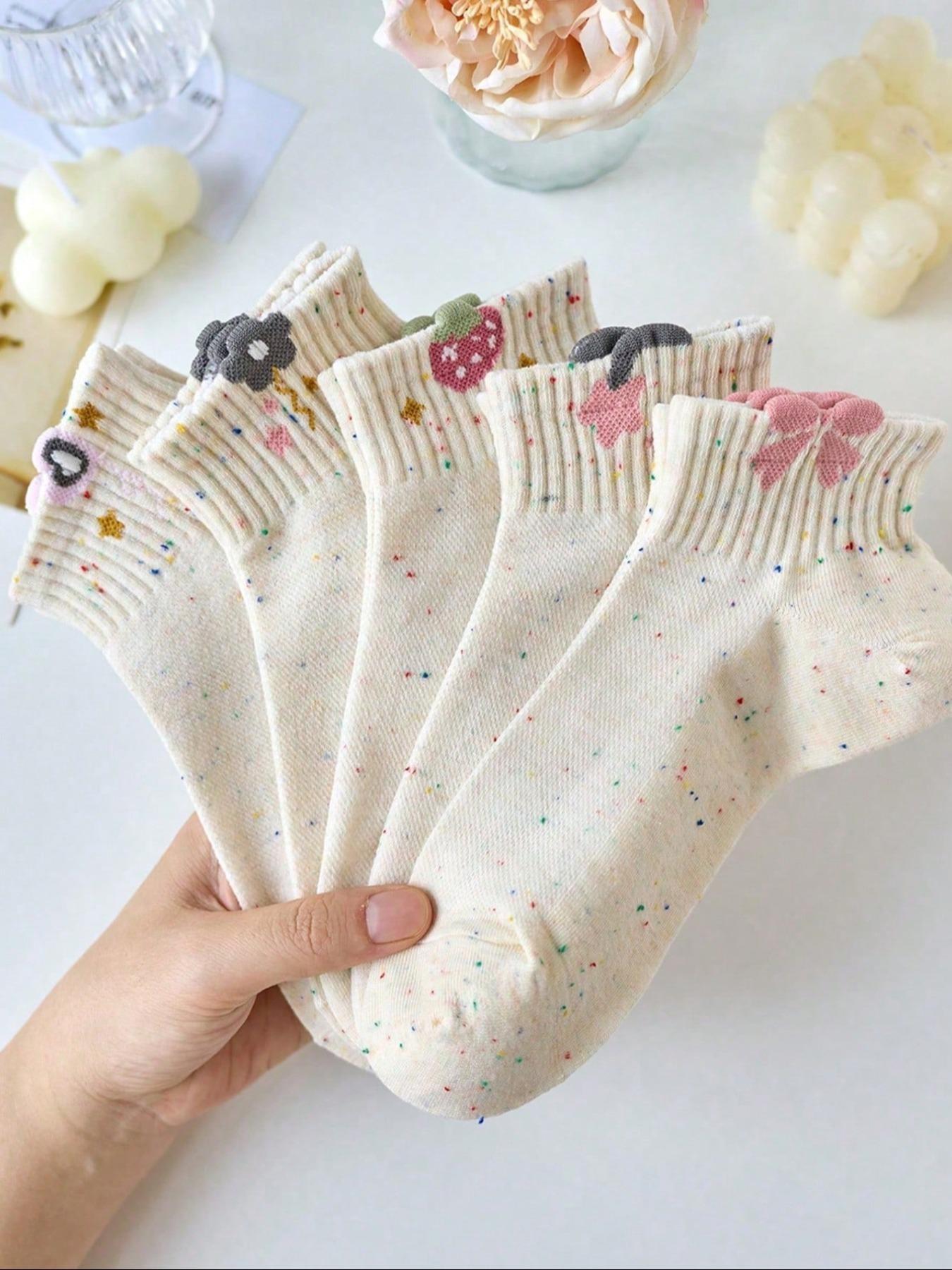 5 Pairs Women's Teenage Floral Strawberry Bow Low Top Ankle Socks, High Elastic Non-Straining Short Socks, All Seasons Student Socks