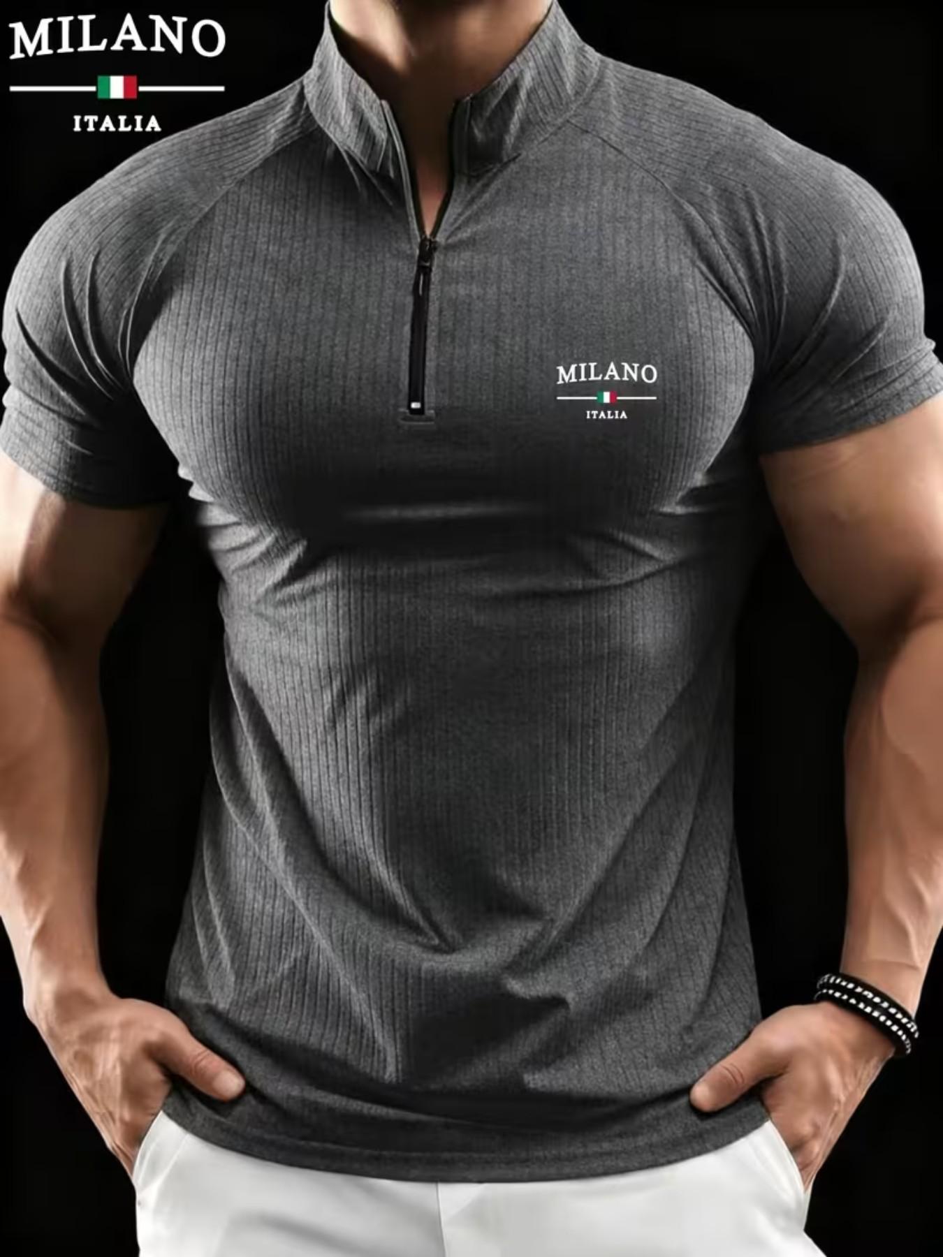 Men's Milano Stand Collar Polo Shirt, Elastic Ribbed Slim Fit Muscle Show, Casual Sportswear, All Seasons, Loose-Fitting, Zipper Design