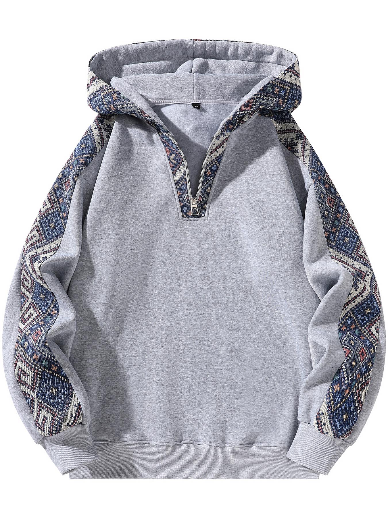 Unisex Retro Ethnic Patchwork Half Zip Hoodie, Casual Comfy Regular Fit Long Sleeve Pullover for Fall & Winter Daily Wear, Casual Fashion Ethnic Pattern Sweatshirt